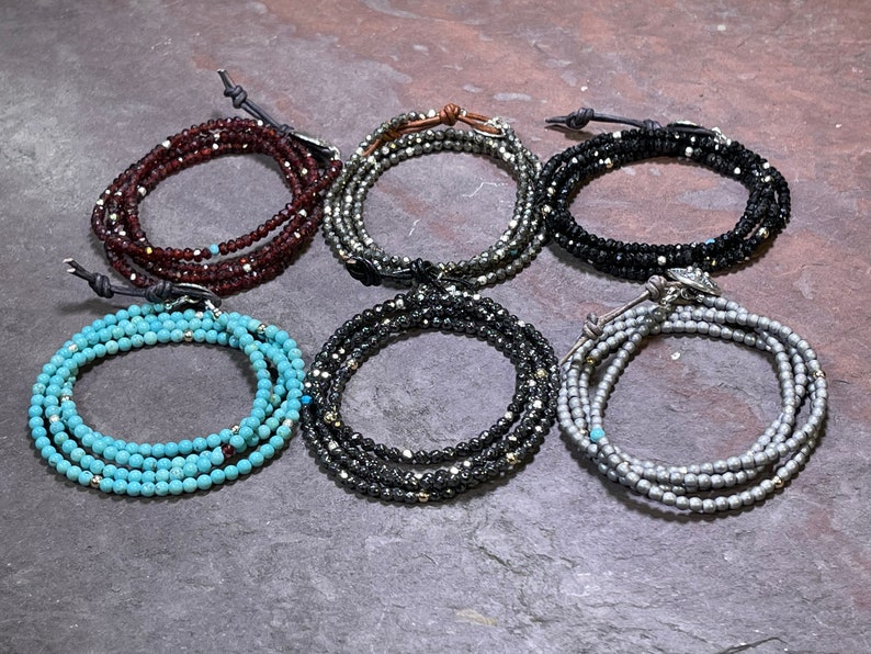 Wee Wrap 4x Wrap Gemstone Bracelet w/Hill Tribe Silver and 14k Gold Beads choose from 6 stones image 9