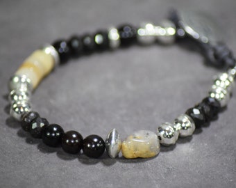 Night Rider - Black Opals, Gold Titanium Rutile Quartz, Black Ebonywood, and Sterling Silver  - Beaded Bracelet