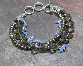 Smoke & Mirrors - Smokey Quartz, Sage Silver Peacock Pearls, and Blue Chalcedony 3 Strand Bracelet