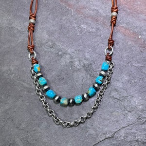 Drive - Kingman Turquoise, Navajo Pearls, Hill Tribe Silver, and Leather Necklace