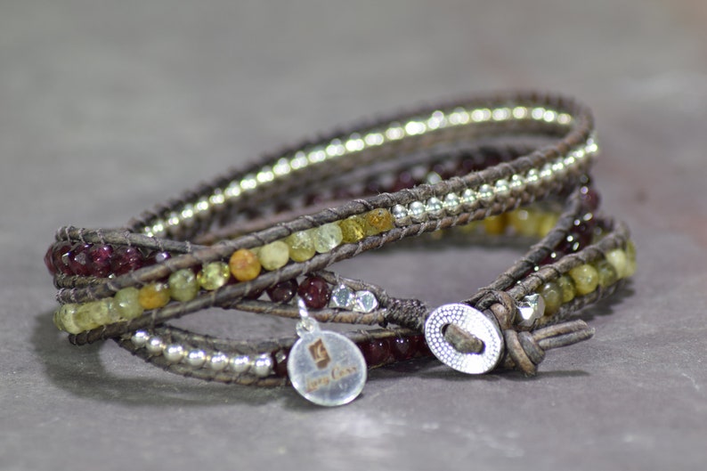What the Heart Wants Green and Red Garnet with Sterling Silver Beaded Leather Triple Wrap Bracelet
