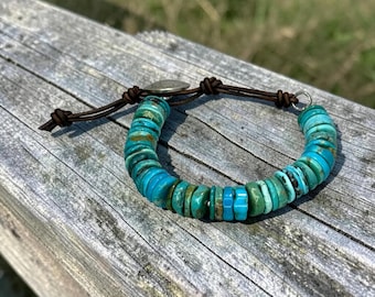 Rough & Tumble - Rustic Arizona Turquoise Bracelet – Sterling Silver Indian Head, Leather Closure