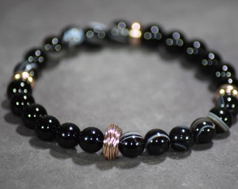 Sardonyx + Black Onyx For Lasting Happiness and Stable Partnerships - Stretch Beaded Bracelet with Hill Tribe Rose Gold