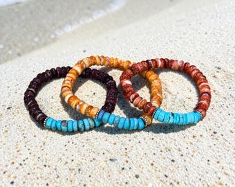 Bahia - Spiny Oyster and Kingman Turquoise Beaded Stretch Bracelets - Choose Orange, Purple, or Red