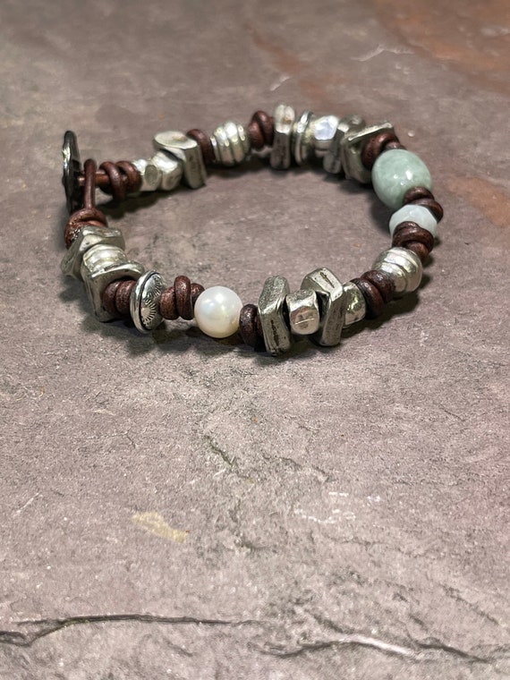 Chunky Monkey - Handmade Pewter, Green Agate, Pearl, and