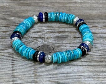 Wild West - Genuine Arizona Turquoise, Lapis, Sterling Silver Beaded Stretch Bracelet