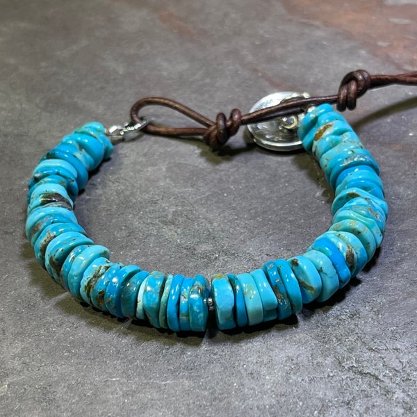 Rough and Tumble - Big, Bold Arizona Turquoise w/ Sterling Silver Indian Head Button & Leather Closure