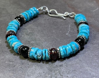 Westward - Sleeping Beauty Turquoise, Garnet, Black Onyx, and Sterling Silver Beaded Bracelet