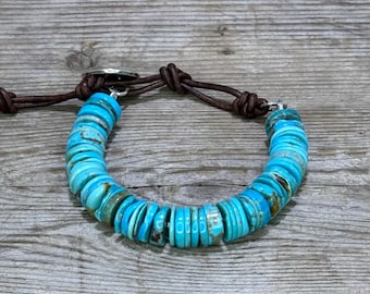 Rough & Tumble - Rustic Arizona Turquoise Bracelet – Sterling Silver Indian Head, Leather Closure