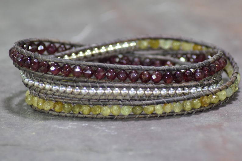 What the Heart Wants Green and Red Garnet with Sterling Silver Beaded Leather Triple Wrap Bracelet