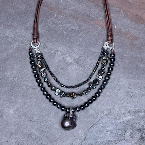 I Wanna Be A Mermaid - Rare Peacock Keshi, OOAK Peacock Jumbo Baroque Pearl, Black Pearls, and Pietersite 3 Strand Adjustable Necklace