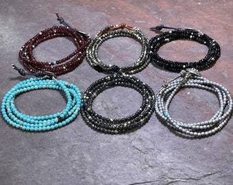 Wee Wrap - 4x Wrap Gemstone Bracelet w/Hill Tribe Silver and 14k Gold Beads - choose from 6 stones