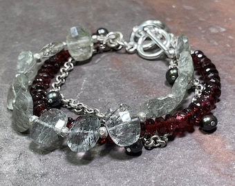 Wine and Dance - AAA Tourmalinated Quartz, AAA Garnet, and Hill Tribe Silver 3-Strand Bracelet