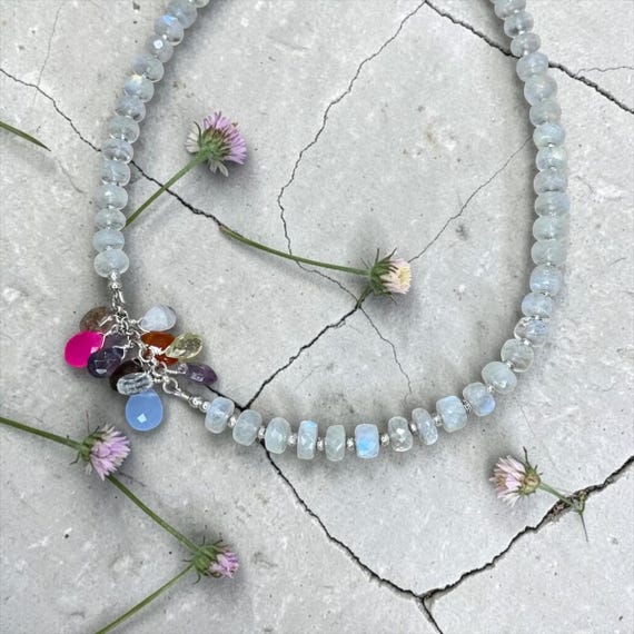 Gem Drops - Flashy Moonstone and Handmade Pure Silver Necklace w/Multi Colored Gemstone Dangles