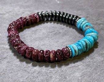 Todos Santos - Rare Purple Spiny Oyster, Turquoise, and Hematite - Beaded Stretch Bracelet