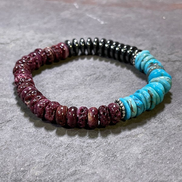 Todos Santos - Rare Purple Spiny Oyster, Turquoise, and Hematite - Beaded Stretch Bracelet