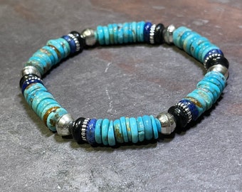 Wild West - Kingman Turquoise, Lapis, Sterling Silver Beaded Stretch Bracelet