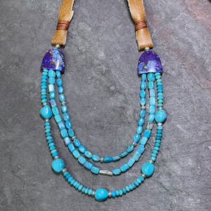Stand Out - Multi Strand Kingman Turquoise, Mojave Purple, and Leather Adjustable Necklace