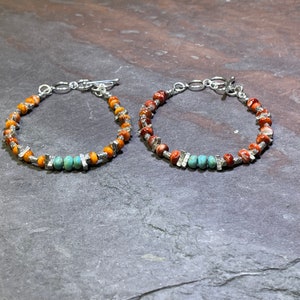 Sticks and Stones V.2 - Fiery Spiny Oyster + Turquoise + Hill Tribe Silver Bracelets - Choose Orange or Red