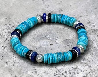 Wild West - Genuine Arizona Turquoise, Lapis, Sterling Silver Beaded Stretch Bracelet