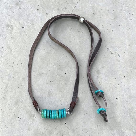 Line Dance - Big Nevada Turquoise on Adjustable Leather Necklace