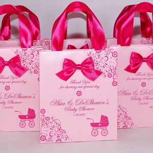 20 Baby Shower Bags With Pink Satin Ribbon Handles, Bow and Name ...