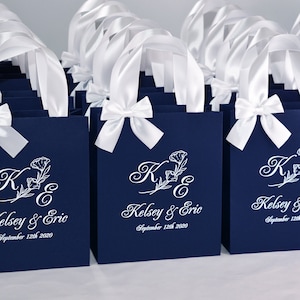 35 Navy Blue Wedding Welcome Bags with satin ribbon handles, bow and custom names, Elegant Wedding Monogram gifts and favors for guests