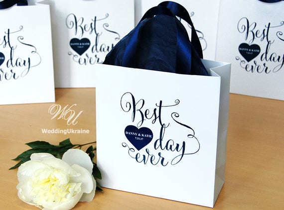 Wedding Gift Bags for Guests Navy Blue Satin Ribbon and 