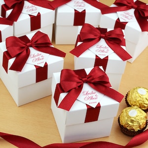Personalized Wedding favor boxes with Red Burgundy satin ribbon bow and your names, Elegant Wedding Bonbonniere, Custom candy box for guests