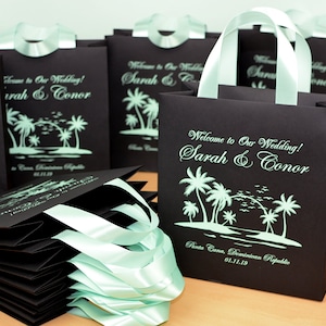 30 Tropical Wedding Welcome Bags with Agua satin ribbon handles and your names, Elegant Personalized Beach wedding favor for guests