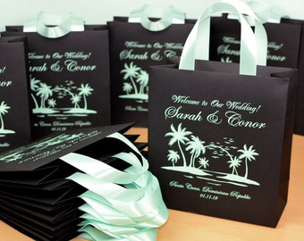 30 Tropical Wedding Welcome Bags with Agua satin ribbon handles and your names, Elegant Personalized Beach wedding favor for guests