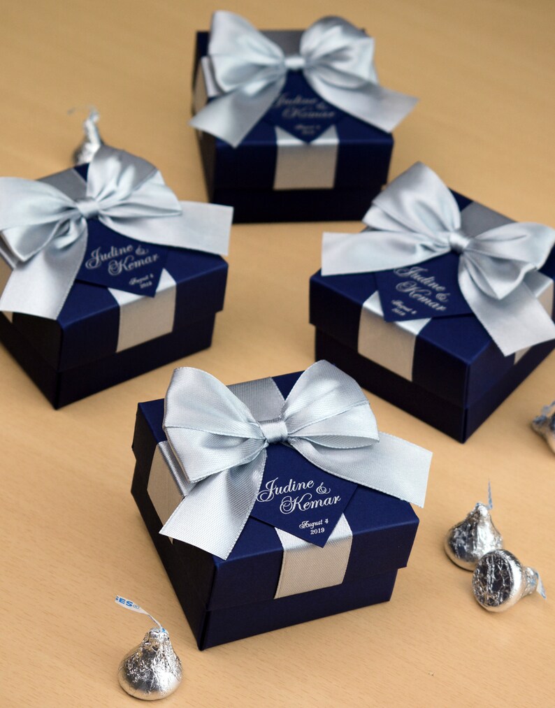 30 Navy Blue & Silver wedding favor gift box with satin ribbon Etsy