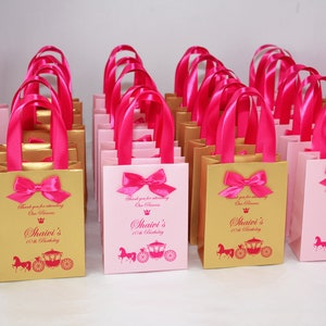 Elegant Pink Birthday gift bags for party favor for guests, Thank your bag with satin ribbon bow Baby girl 10th Birthday Princess Party