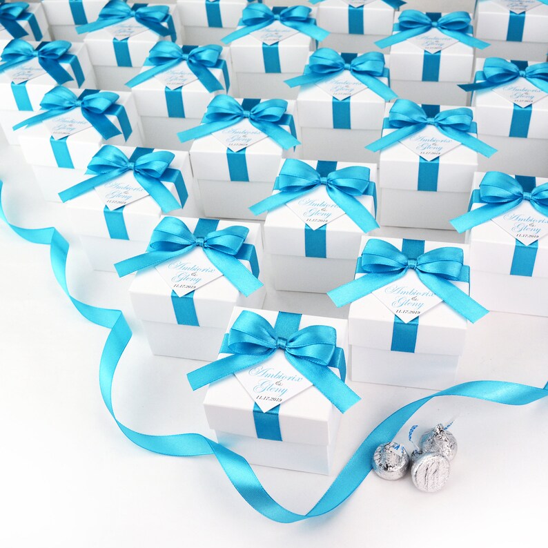 Wedding Favor Boxes With Light Blue Satin Ribbon Bow and Your Etsy