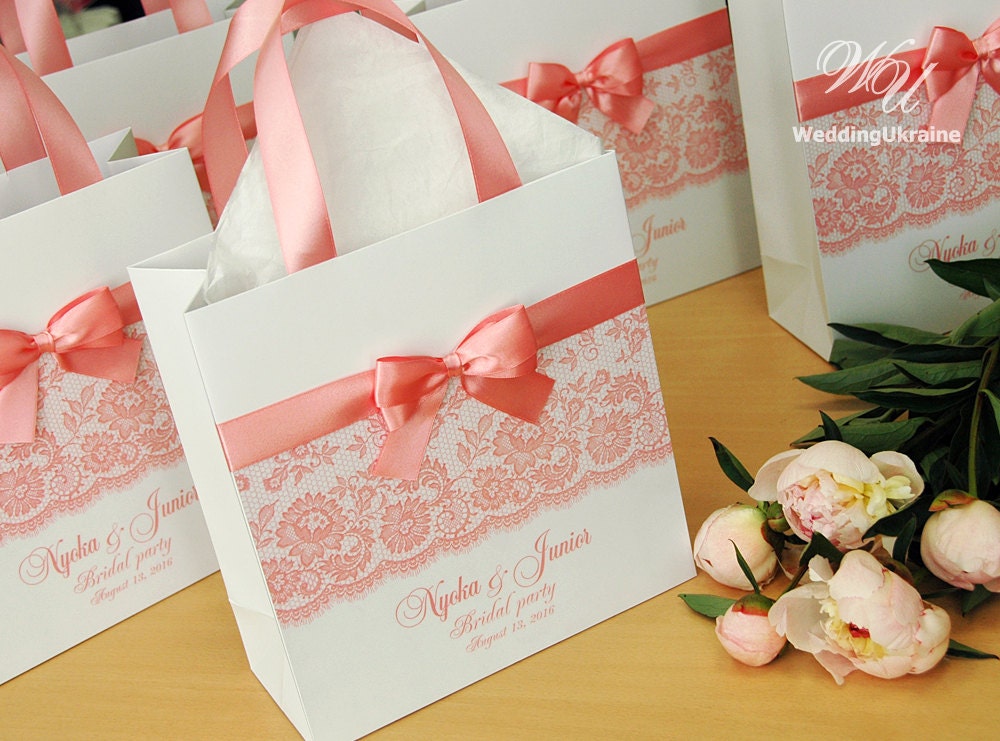 Blush Wedding Bridal party Gift Bags with satin ribbon print Etsy