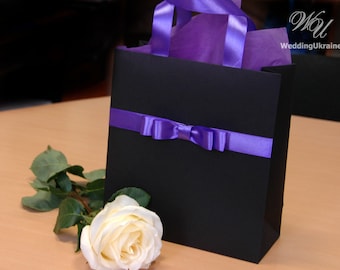 Gift Bag with satin ribbon and male bow - Elegant Custom Paper Bag - Wedding Gift favors - Black and Purple bags