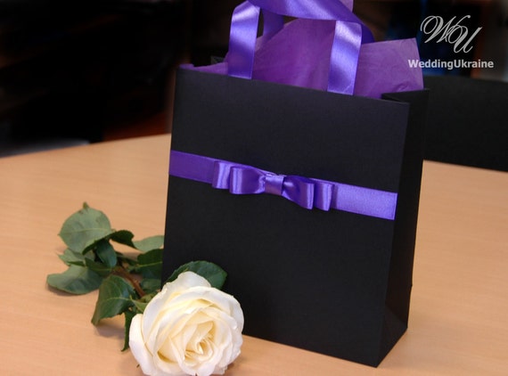 Gift Bag with satin ribbon and male bow - Elegant Custom Paper Bag - Wedding Gift favors - Black and Purple bags