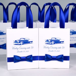 30 Party Favor bags with satin ribbon handles, bow tie, retro car and name Elegant Men Birthday Gift, 70th Anniversary or Birthday Favors