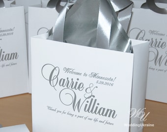 Silver Wedding Welcome Bags with satin ribbon and names - Elegant Personalized Paper Bag - White and Silver - Custom Wedding Gift bags
