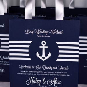 30 Navy Blue & Silver Wedding Welcome Bags with satin ribbon handles, anchor and names. Elegant Nautical Wedding Weekend favor bags