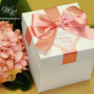 Wedding Gift Boxes with Blush satin ribbon, bow and tag - White and Blush - Custom personalized weddings favors box wit your names