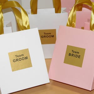 May include: White and pink gift bags with gold ribbon handles. The bags have gold labels with the text "Team Groom" and "Team Bride".