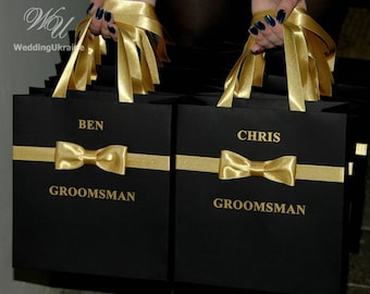 Chic Groomsmen Gift bags with male satin bow and custom name - Black men’s bag with bow tie Personalized Party Gifts and Favors for guests