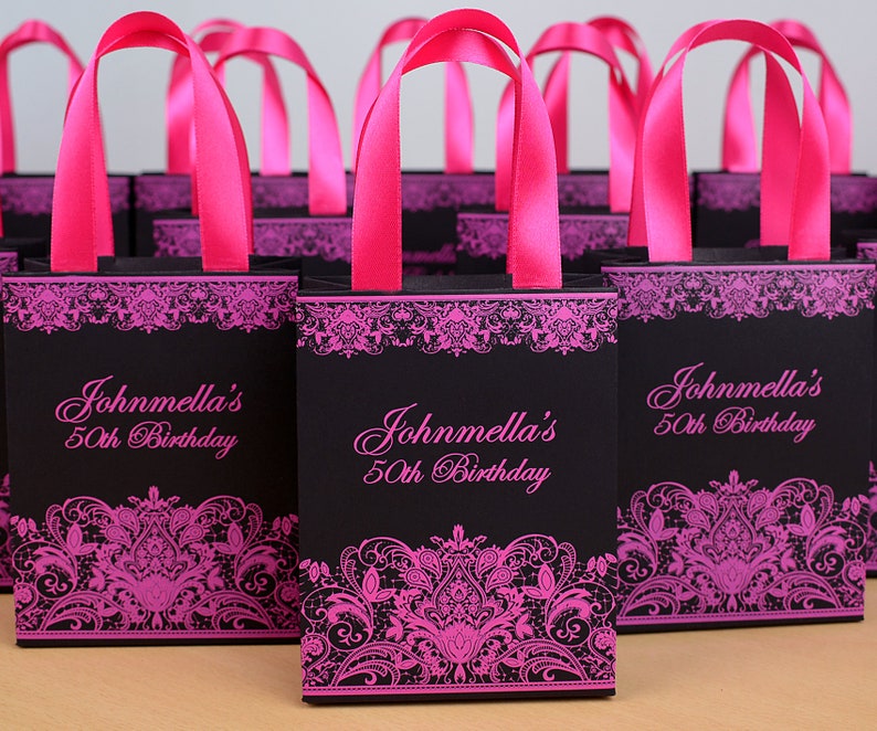 25 Black & Pink Birthday Party gift bags with satin ribbon