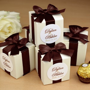 Ivory & Brown Wedding bonbonniere with satin ribbon bow and custom tag, Elegant Personalized Wedding Boxes for gifts and favors for guests