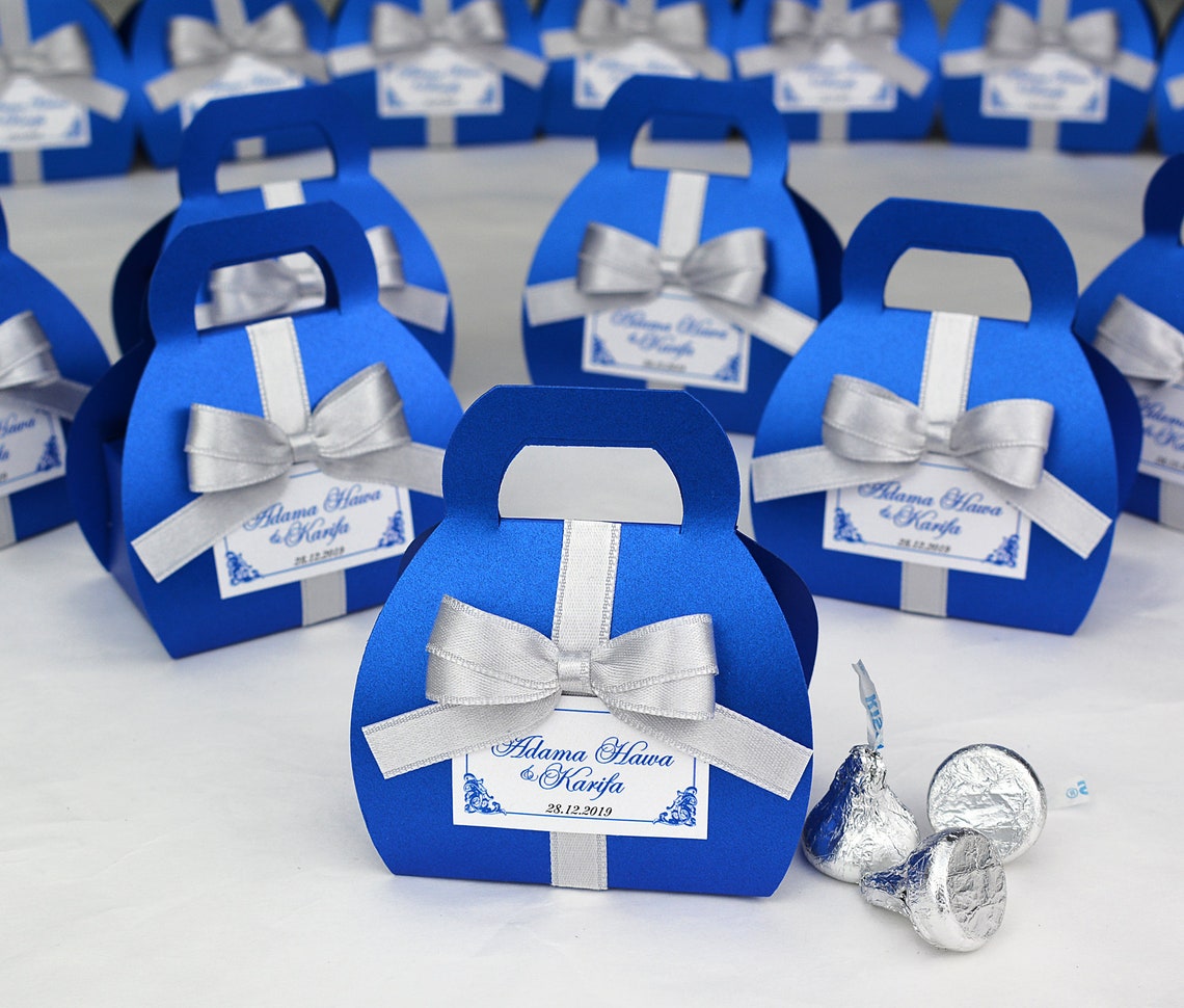 Royal Blue wedding favor gift box with Silver satin ribbon bow Etsy
