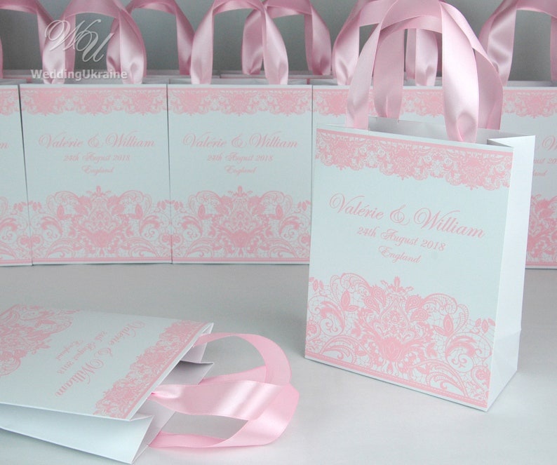 Personalized Wedding Welcome Bags with Light pink satin ribbon | Etsy