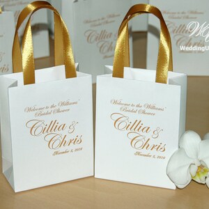 Elegant Gift bags - Bridal Party Gift Bag Personalized with names - Bridesmaids Gifts, Wedding welcome gift Bag with golden satin ribbon