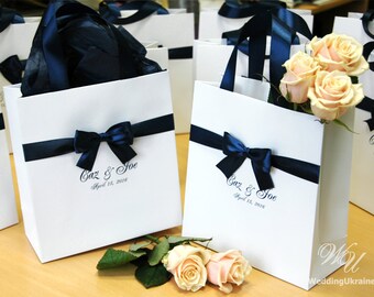 Personalized Wedding Welcome Bags, White Paper with Navy Ribbon