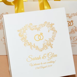25 Ivory & Gold Wedding welcome bags with satin ribbon handles, rings and names, Elegant Personalized wedding gifts and favors for guests